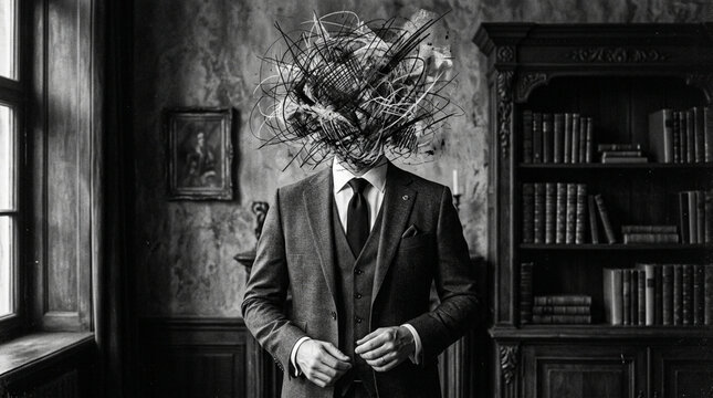 Man in Suit with Abstract Head Amidst Library