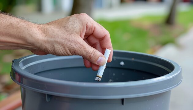 Man throwing cigarette butt into trash can outdoors
