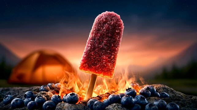 Camping Lifestyle With Blueberry Popsicle by Campfire