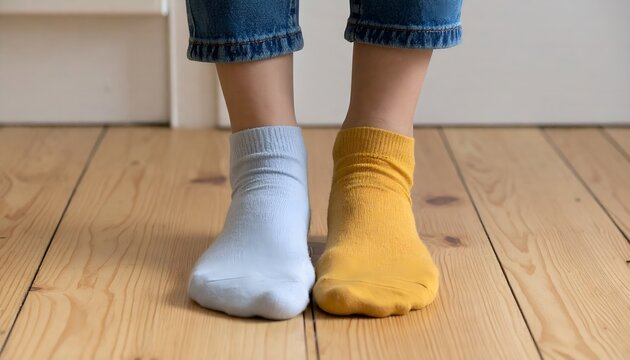 Person Wearing Mismatched Blue and Yellow Socks on Wooden Floor