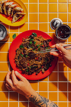 Beef stir fry noodles with side of dumplings