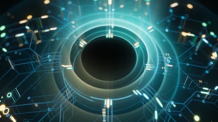 Top View of High Tech AI Core with Concentric Glowing Rings and Microchip Details. Abstract 3D Illustration of Futuristic Neural Network, Logic Gates, and Quantum Computing Processor © Quardia Inc.