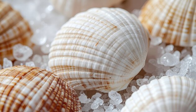 Macro View of Natural Seashells and Sea Salt Crystals