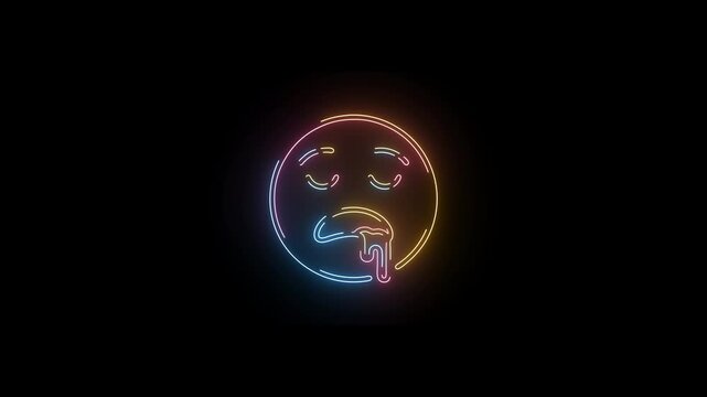 Colorful neon hungry drooling emoticon face glowing on transparent background