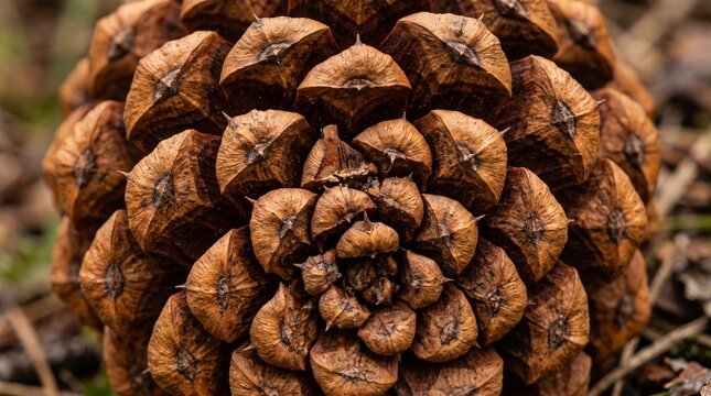 Close up view of a brown pine cone showing natural texture and geometric pattern in the forest