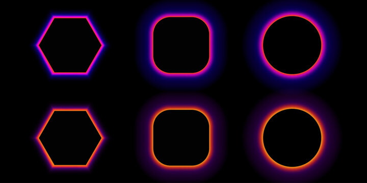 A set of rounds, square with rounded corners, and hexagonal black frames with a multicolor LED panel. Neon glow effect. 3D vector illustration on a black background.