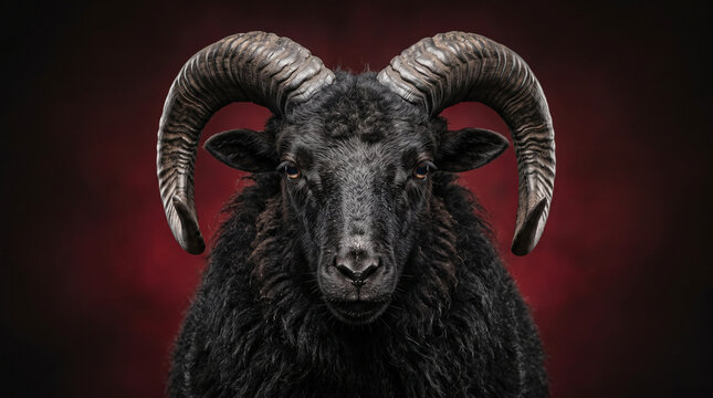 Black Ram Portrait with Dramatic Red Background