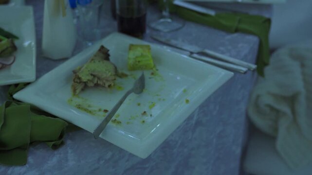 Dirty dishes. Plate and fork with leftovers on table at party. Dirty plates with uneaten food on table in banquet hall during festive disco on dance floor. Uneaten food during party under disco light