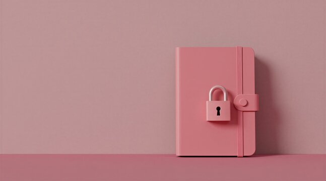 Closed pink notebook with metal padlock sits on soft pastel surface. Protection of private data, personal secrets concept. Secure diary for writing ideas information storage. Minimalist desk