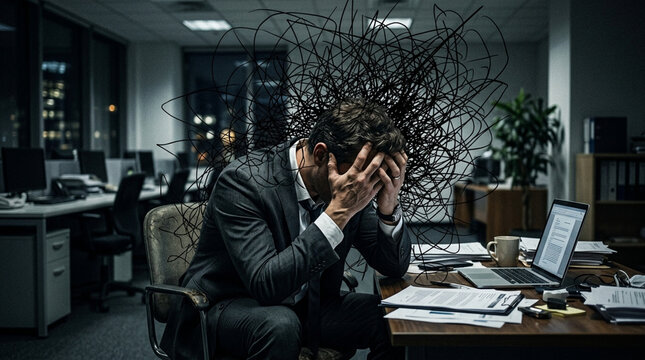 Businessman overwhelmed by stress and anxiety in dimly lit office