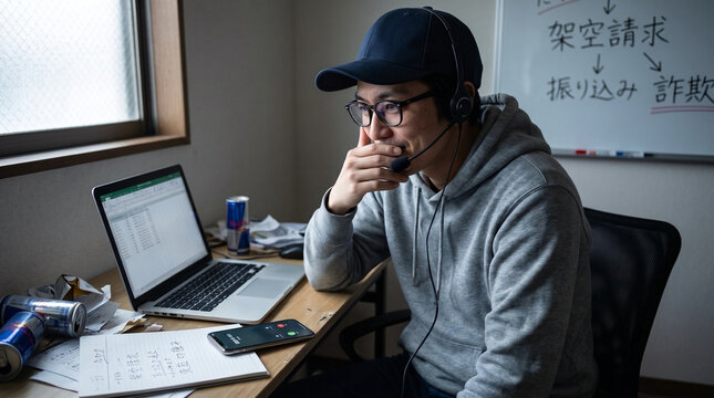 Cybercriminal man wearing headset using laptop in messy office, fraud concept