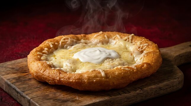 Hungarian langos with sour cream and cheese topping.