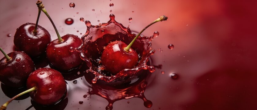 Bursting cherries in vibrant splash against dark red gradient background