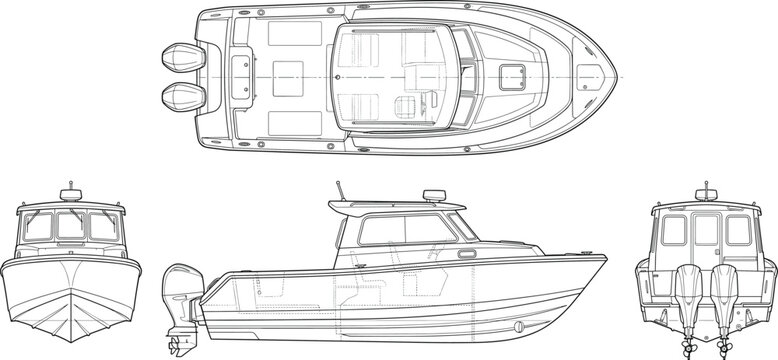 Technical Blueprint of Modern Cabin Motor Boat with Top Side Front and Rear Orthographic Views