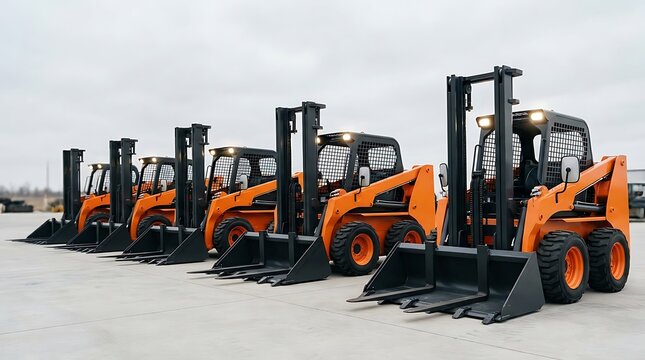 Lineup of brand new bright orange skid steer loaders equipped with forks, sitting on concrete lot under grey sky.