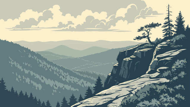 Mountain range overlook with pine trees and cliffs mountains landscape