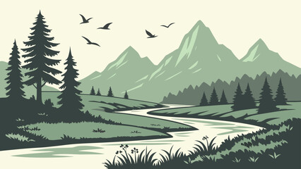 Graphic illustration of winding river through pine forest and mountains © TWINS