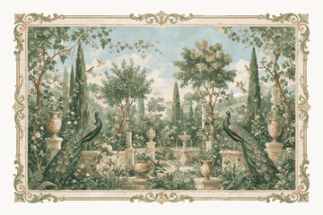 Created on Vintage old Roman mural wallpaper depicting a garden with a forest, peacocks, birds, vases, and botanical plants vector art on white background © MdMasud