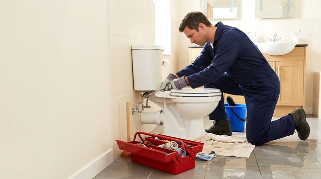 Plumber in blue overalls kneeling on floor fixing toilet water leak with tools and plunger nearby in bathroom interior.