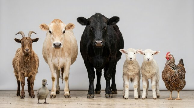 A diverse group of farm animals including a cow goat sheep and chicken standing together against a plain background