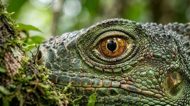 Close-up of iguana eye, green reptile face, jungle habitat, detailed scales