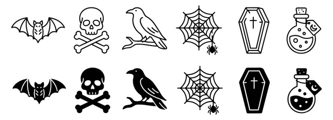 Obraz premium Set of spooky Halloween icons including bat, skull and crossbones, crow, spider web, coffin, and potion bottle in line and solid style on transparent background