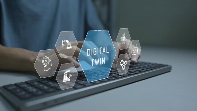 Digital twin business and industrial process modelling concept. Person typing keyboard with digital twin and smart factory icons, process simulation, operational efficiency and industrial innovation.