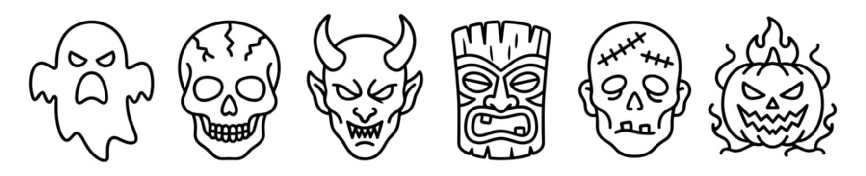 Set of halloween spooky icons including ghost skull devil tiki zombie and flaming pumpkin on transparent background