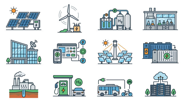 Industrial Showcasing Renewable Energy Sources Green Technology and Sustainable Infrastructure with high quality professional line art symbols for modern creative design and digital branding projects
