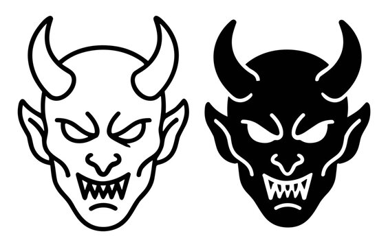 Black and white devil face icons with horns and fangs in outline and solid styles on transparent background
