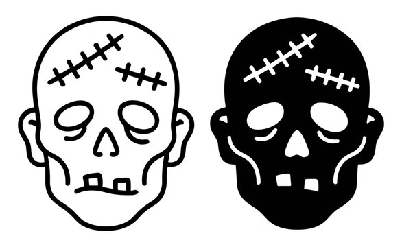 Black and white zombie skull icons with stitches and missing teeth in line and silhouette style on transparent background