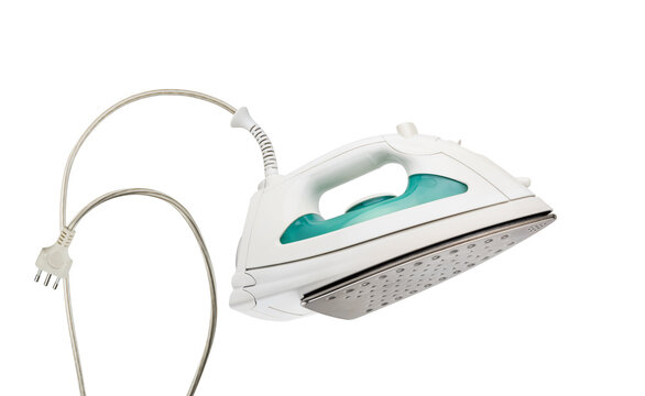 Modern electric iron with cable floating, isolated on white background.