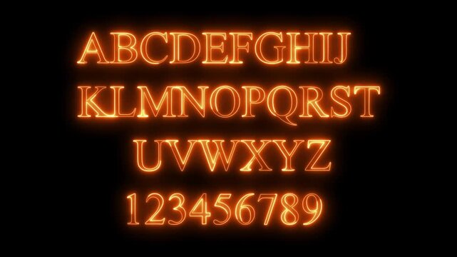 Full english alphabet and numeric characters in glowing orange neon style on black background