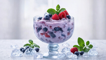 Creamy berry yogurt dessert served in a glass bowl topped with fresh blueberries, raspberries, and green mint leaves on a light surface © saju mia