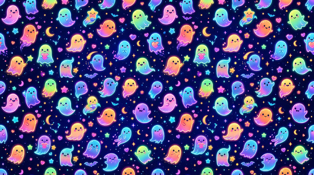 Seamless pattern with cute colorful ghosts and stars on a dark blue background for halloween