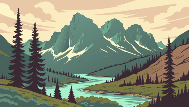 Mountain range landscape with winding river and pine forest mountain landscape