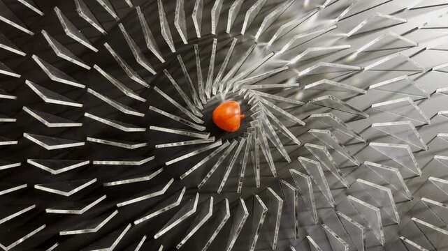 Top view on spiral geometric installation with metallic radial elements surrounding a red apple-shaped object in the center. Strong symmetry, depth and optical movement create a striking visual focus