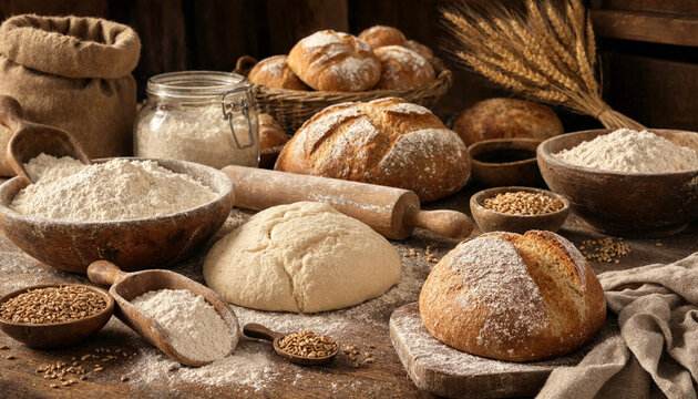 Rustic bakery scene with freshly baked loaves of bread, raw dough, flour in wooden bowls, wheat stalks, and baking ingredients on table