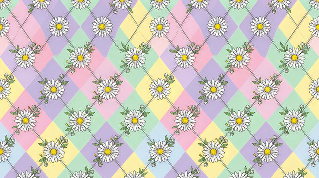 Seamless pattern with white daisy flowers on a soft pastel geometric checkered background