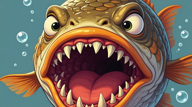 Fierce cartoon fish with big eyes and sharp teeth opens mouth wide underwater. Bubbles rise around the aggressive aquatic predator swimming in blue water background. Funny monster fish.