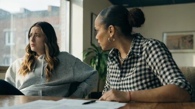 Focused medium shot of collector offering settlement solutions to an overdue account holder capturing clients uncertain reaction in soft focus.