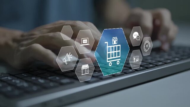 Social media shopping concept. Person typing keyboard with social commerce and online shopping icons, digital marketing, online payments and ecommerce experience.