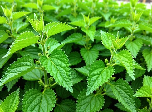 Young green stinging nettle plants grow in forest meadow during sunny spring day. Fresh herbal leaves sprout on stalks outdoors in garden. Botanical flora texture fills frame with vibrant organic