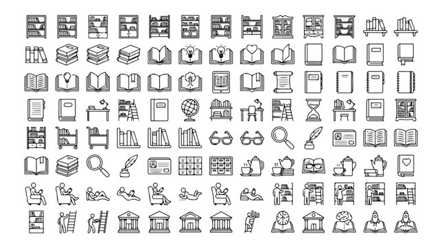 Minimalist library line icons, 100 education and book vector elements, thin stroke reading and literature symbols for school and university apps