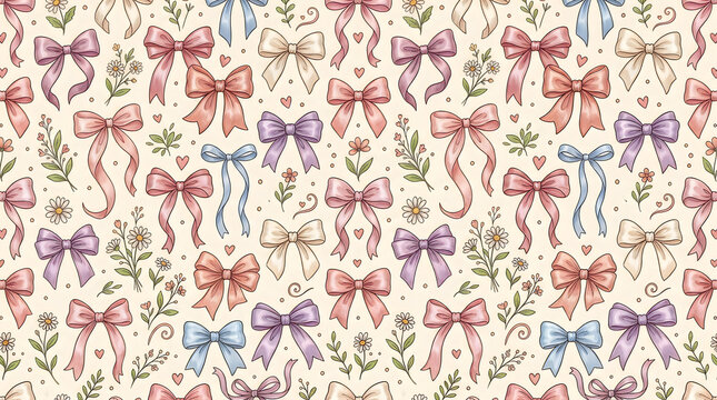 Seamless pattern with hand drawn pink and golden ribbons and floral elements