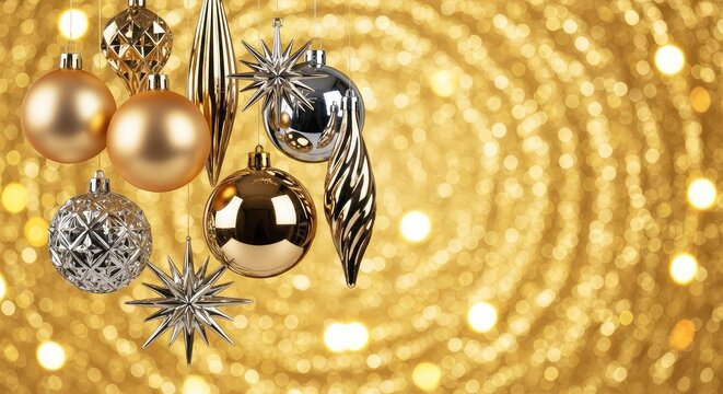 Shiny gold and silver Christmas ornaments hang elegantly against a shimmering backdrop of swirling golden glitter and soft bokeh lights, balls, light, sparkling