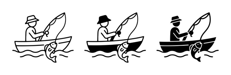 Fishing Icons Set, Fisherman in Boat Catching Fish, Vector Illustrations for Outdoor Recreation and Hobby Themes © Tanvir