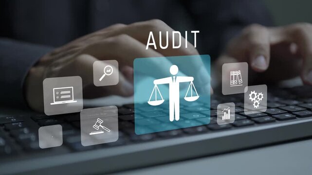 Audit business concept. Person typing keyboard with audit and financial compliance icons, business inspection, risk assessment, internal controls and corporate governance.