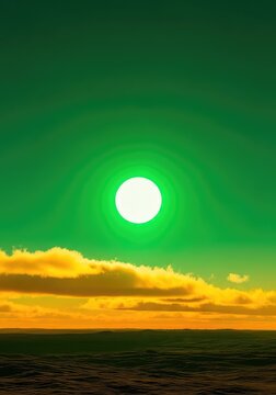 Surreal landscape features a vibrant green sky where a glowing emerald sun shines over golden yellow clouds and vast terrain, vibrant, terrain, vivid
