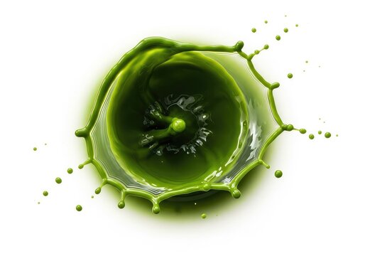 Vibrant green matcha tea splashing dynamically in a top-down view. Pure liquid waves and droplets are frozen against a clean white backdrop, clean, drink, macro